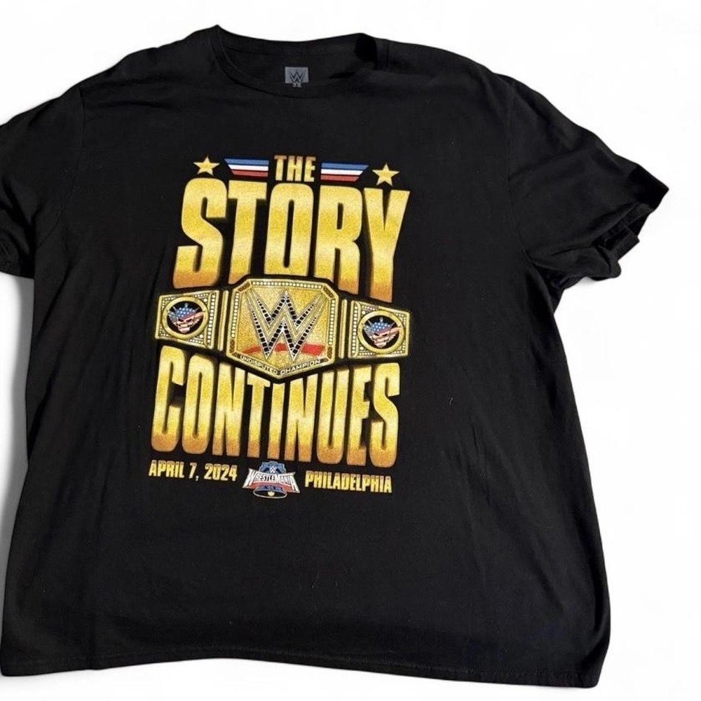 WWE Cody Rhodes black t-shirt with gold text reading 'THE STORY CONTINUES' XXL
